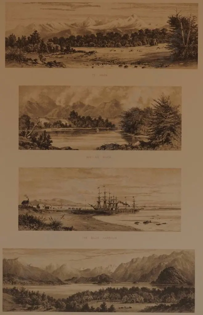 BARRAUD, Charles Decimus (1822-1897) - Te Anan, Waian River, The Bluff Harbour, Lake Manapouri - 4 Scenes from New Zealand Graphic & Descriptive (1877) Image 1++