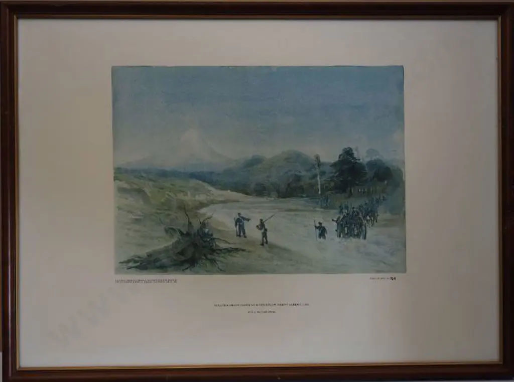 WILLIAMS, E. A. (1824-1898) - Bullock Drays crossing River below Mt Egmont, 1865 Image 1++