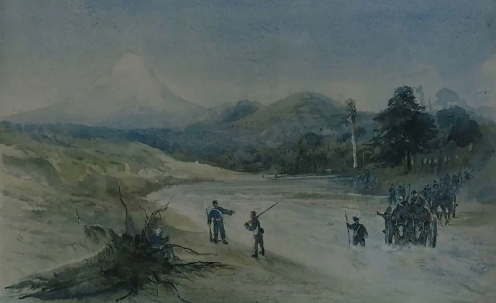 WILLIAMS, E. A. (1824-1898) - Bullock Drays crossing River below Mt Egmont, 1865 Image 1++
