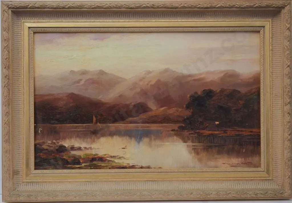BOLLARD, W. Allen (1869-1943) - Southern Alps with Boat on Lake Image 1++