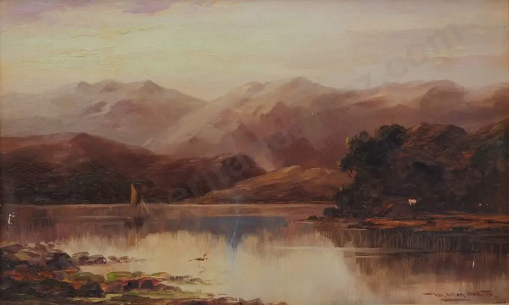 BOLLARD, W. Allen (1869-1943) - Southern Alps with Boat on Lake Image 1++