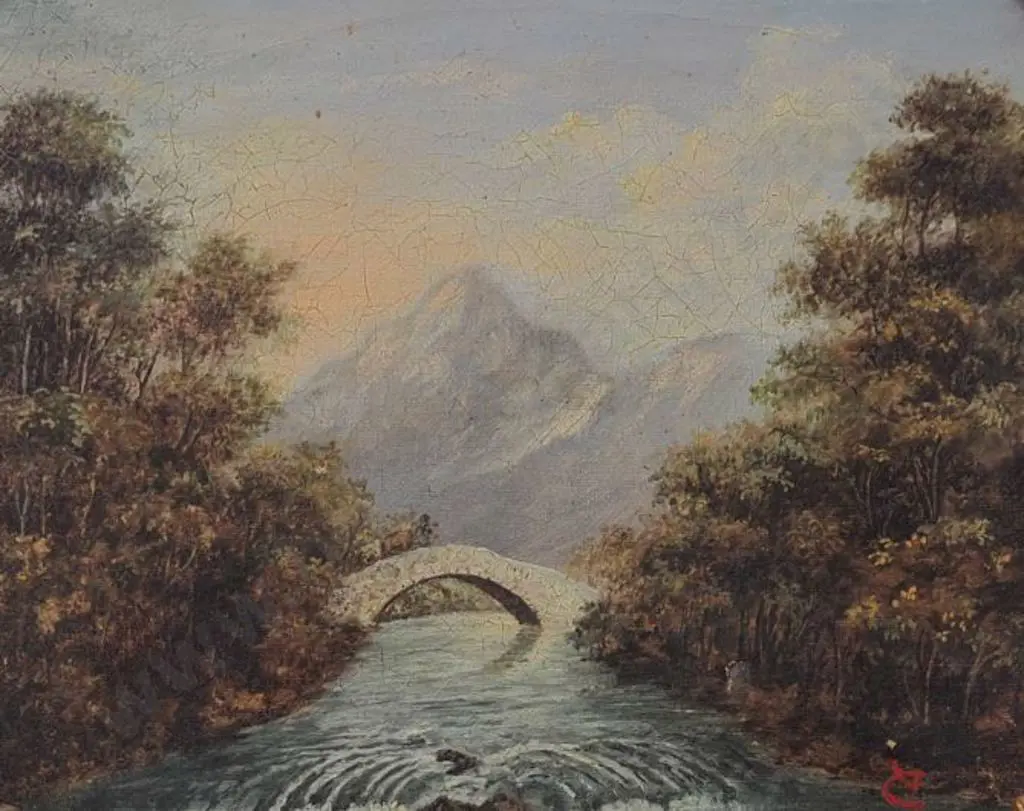 UNKNOWN (19th Cent.) - Mountain Stream with Curved Stone Bridge Image 1++