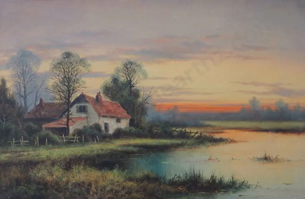 COLE, Herbert (1890-1962) - Farmhouse by Lake at Sunset Image 1++