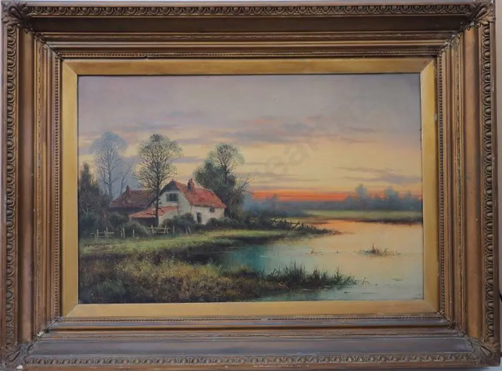 COLE, Herbert (1890-1962) - Farmhouse by Lake at Sunset Image 1++