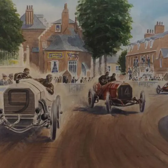 TAYLOR, Dennis (active 1950s) - French Grand Prix Racing through town c. 1900
