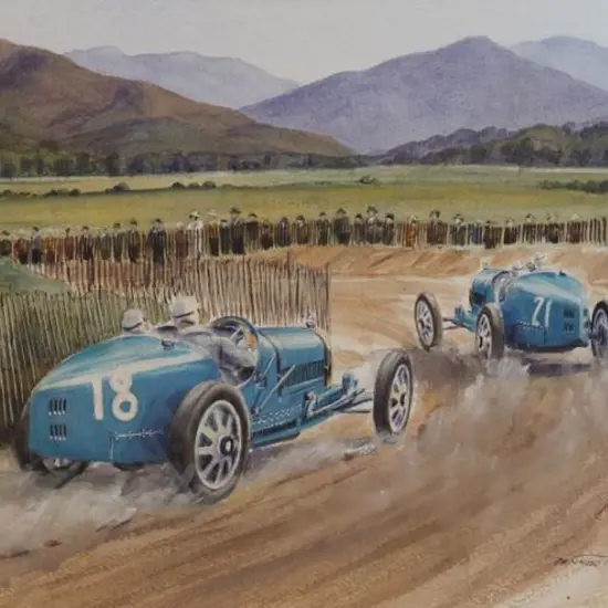 TAYLOR, Dennis (active 1950s) - 1925 French Grand Prix featuring De Vuizcaya Following Gamler, both in Bugattis