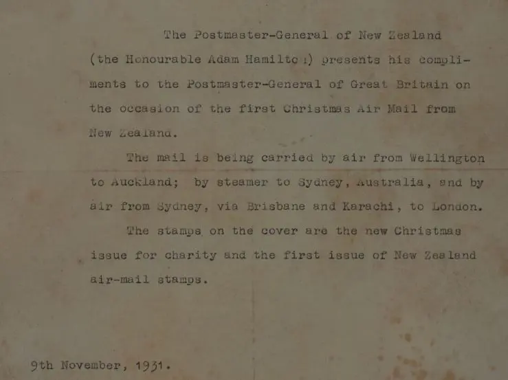 PHILATELY - AIRMAIL Envelope NZ - First Christmas Airmail NZ-UK - with letter from Postmaster General Image 1++