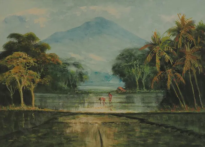 UNKNOWN artist - Polynesian Scene with Mountain & Trees Image 1++