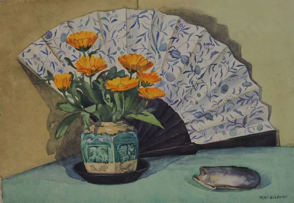GILBERT, May (1901-1977) - Oriental Fan and Flowers Image 1++