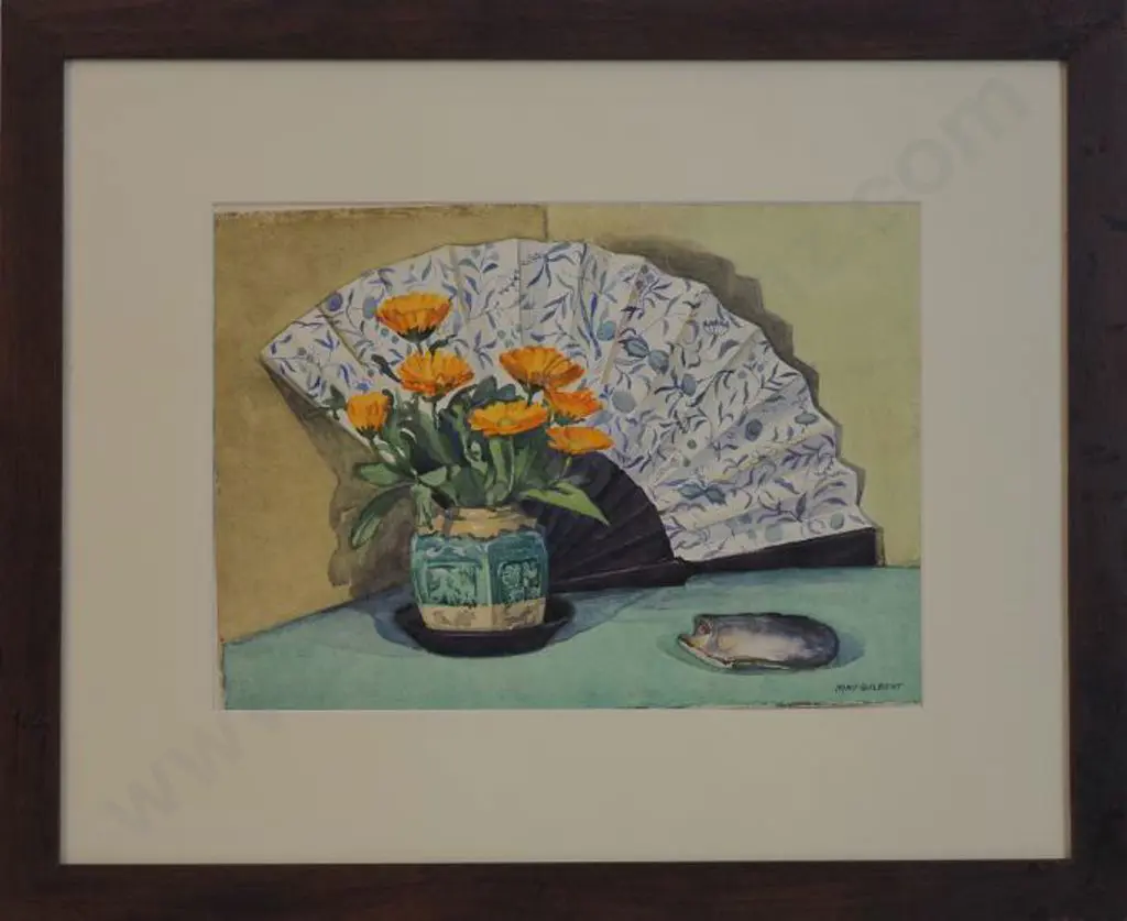 GILBERT, May (1901-1977) - Oriental Fan and Flowers Image 1++