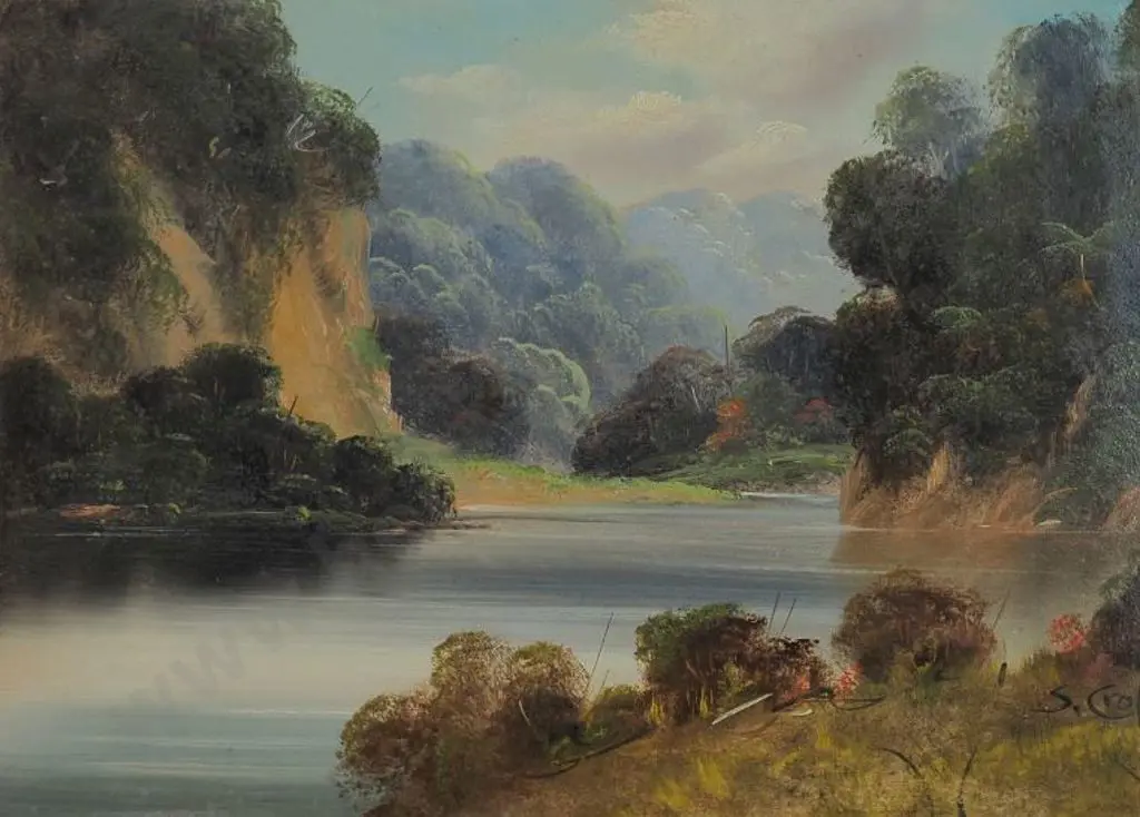 CROFT, Steven (Active late 1800s) - River with Cliffs & Bush Image 1++