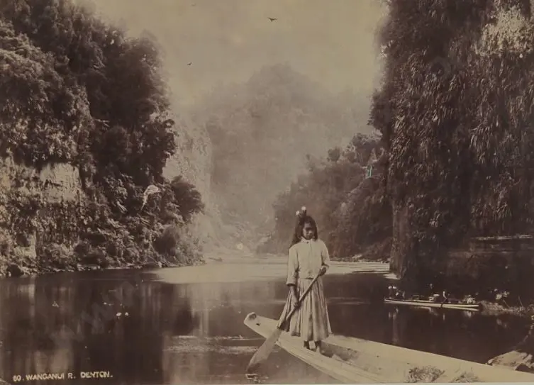 DENTON, Frank (1869-1963) - Drop Scene, Whanganui River, Maori Girl in Canoe c.1900 Image 1++