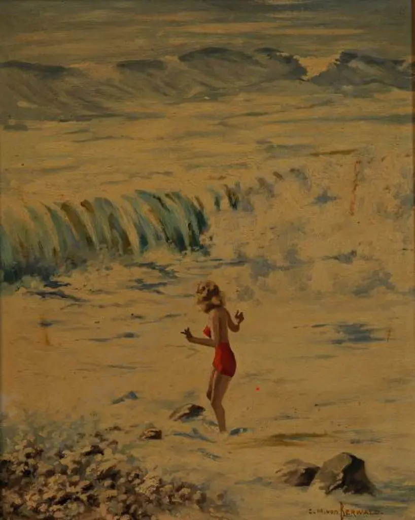 BERWALD, C.M. von - Lady in Red Bathing Suit at Beach Image 1++