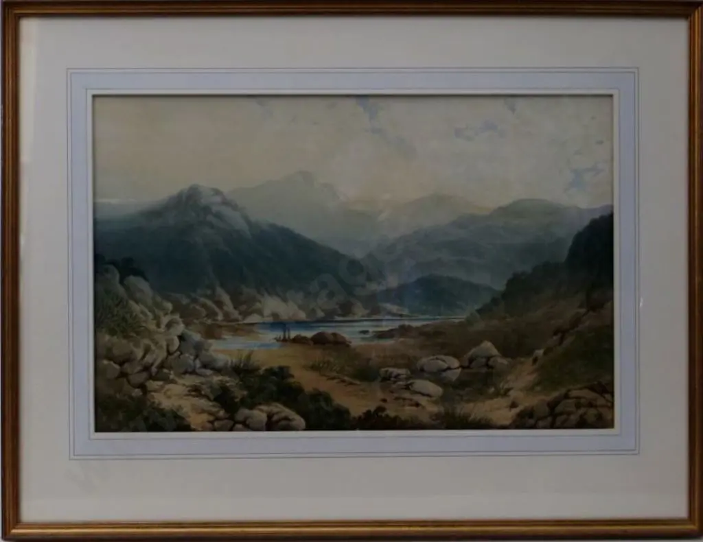 PEERLESS, Thomas (Tom) (1858-1896) - Mountain Scene with Lake and Sailboat Image 1++
