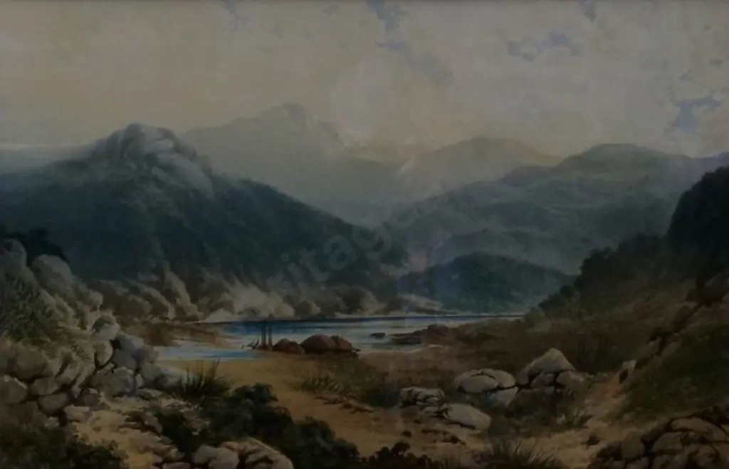 PEERLESS, Thomas (Tom) (1858-1896) - Mountain Scene with Lake and Sailboat Image 1++