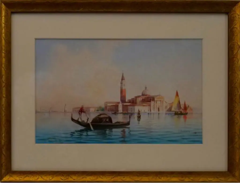 ONGARIA, Umberto (20th Cent.) - Gondola on Venice Waters in front of St Marks Square & Tower - early 20th Cent. Image 1++