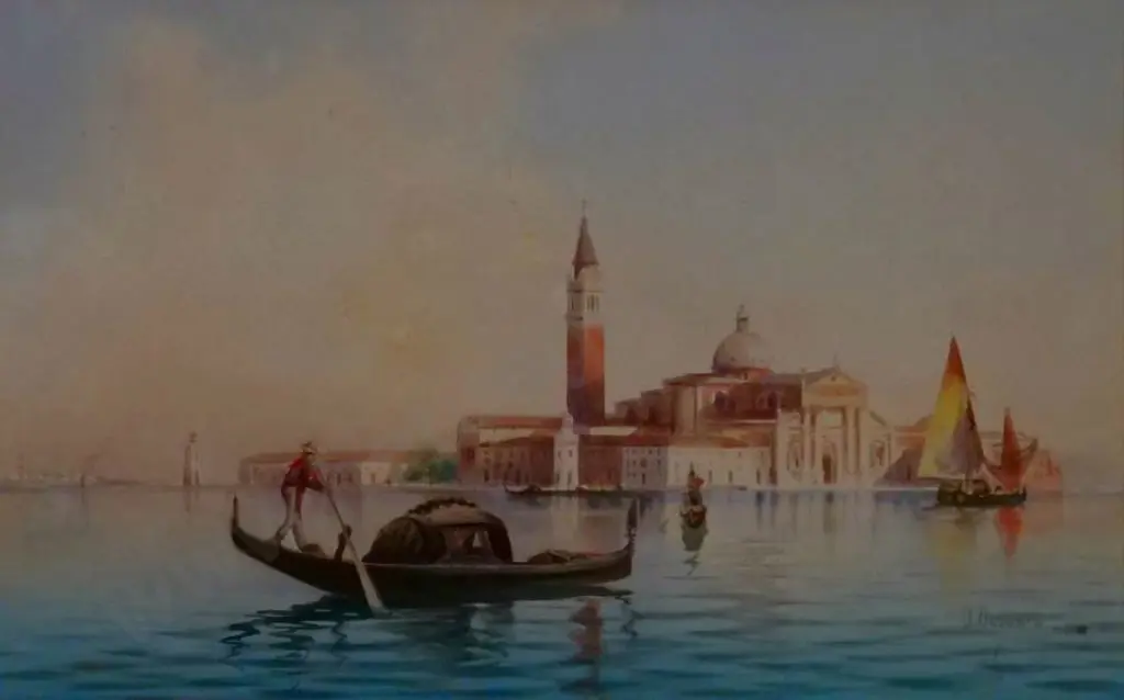 ONGARIA, Umberto (20th Cent.) - Gondola on Venice Waters in front of St Marks Square & Tower - early 20th Cent. Image 1++