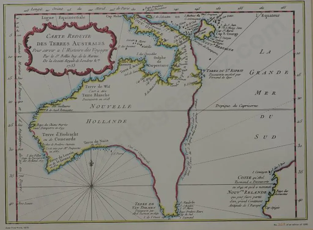 BELLIN  Map - Map of New Zealand c.1753 - Reprint (Avon Fine Print 354/1000) Image 1++