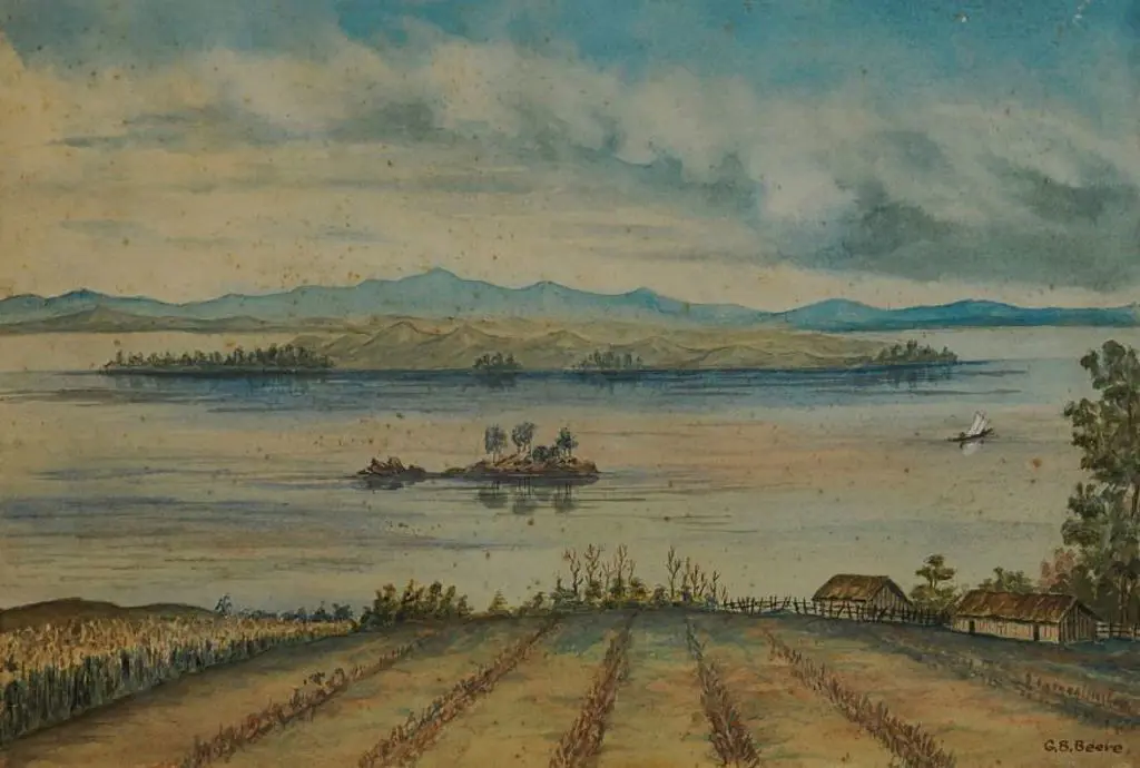 BEERE, Gerald Butler (1836-1914) - Colonial Scene with Field, River, Island & Boat Image 1++