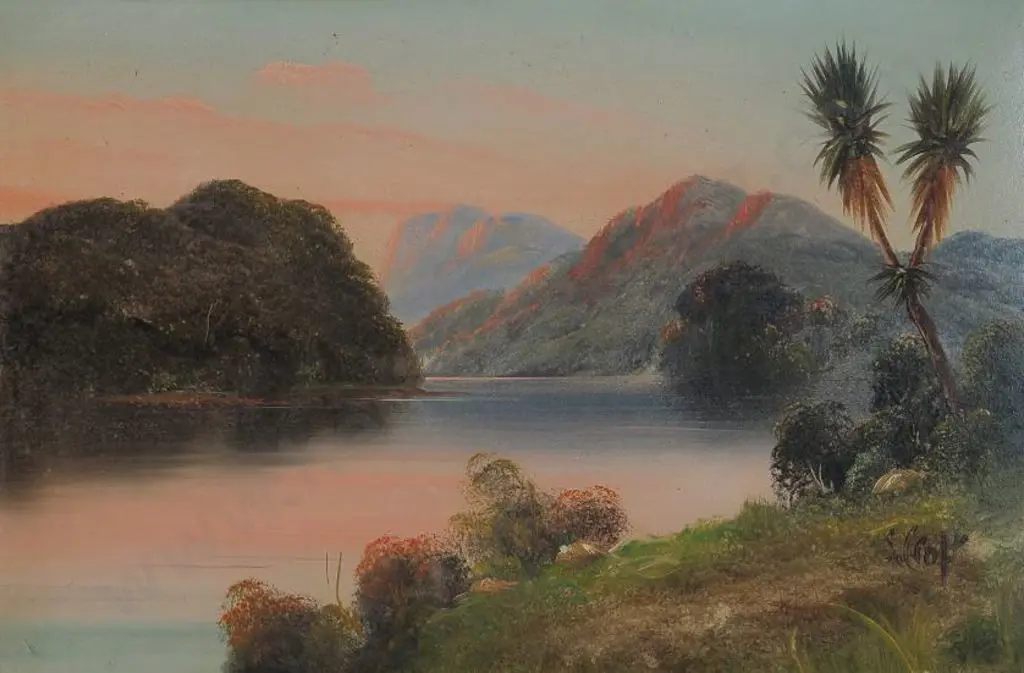 CROFT, Steven (Active late 1800s) - Sunset with Cabbage Trees & Lake Image 1++
