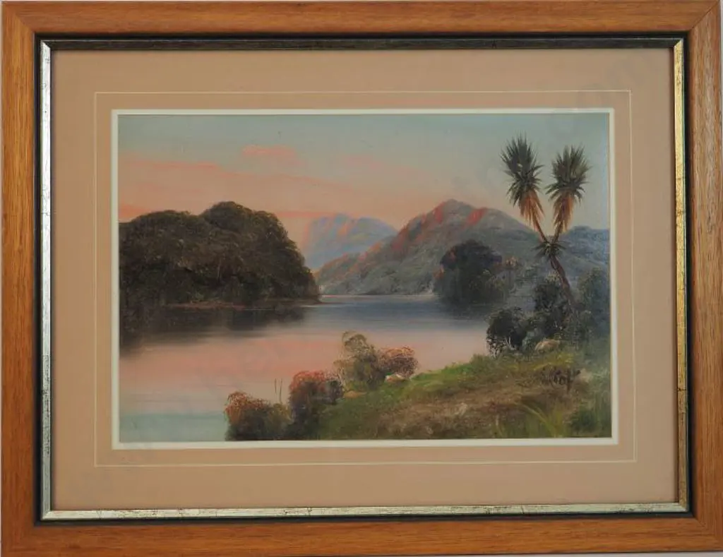 CROFT, Steven (Active late 1800s) - Sunset with Cabbage Trees & Lake Image 1++