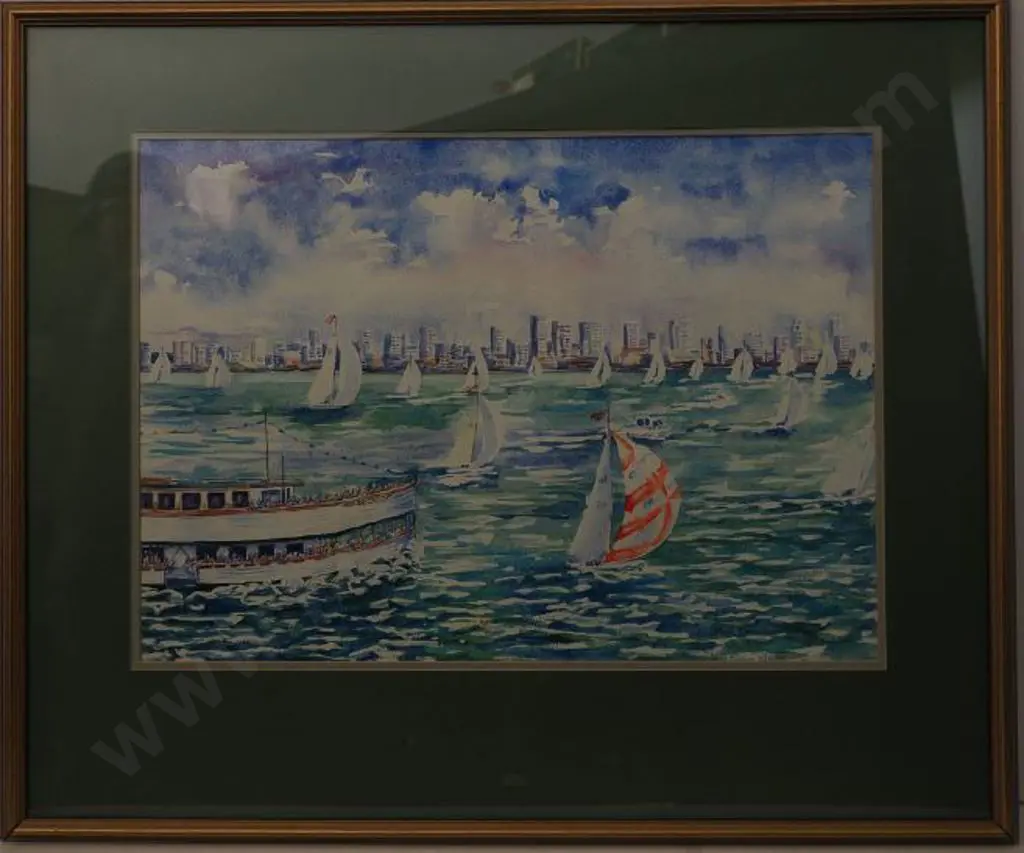 DAWSON, Beth (1990s) - Auckland Harbour with Ferry & Yachts, 1993 Image 1++