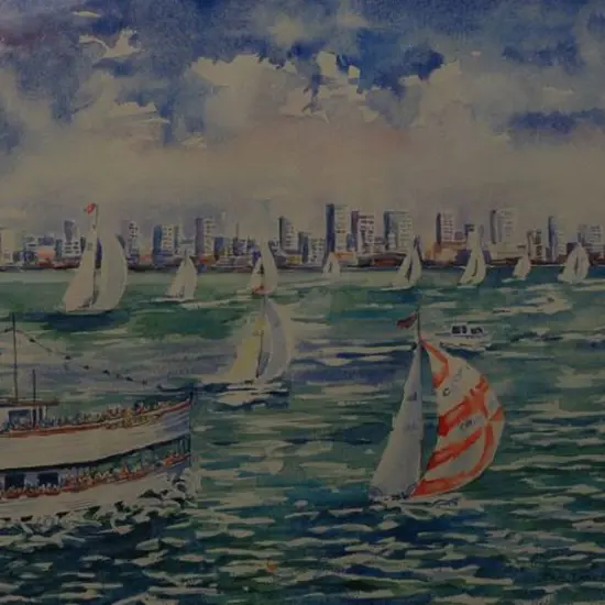 DAWSON, Beth (1990s) - Auckland Harbour with Ferry & Yachts, 1993