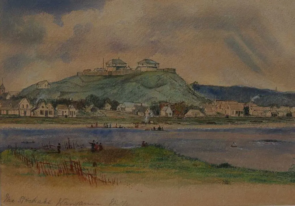 WILLIAMS, Lieut. Col. Edward Arthur (1824-1898) attrib. - Rutland Stockade from Putiki. Wanganui c. 1860 Image 1++