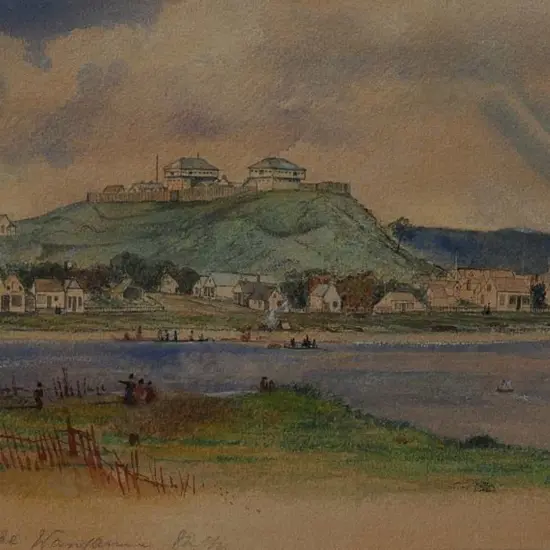 WILLIAMS, Lieut. Col. Edward Arthur (1824-1898) attrib. - Rutland Stockade from Putiki. Wanganui c. 1860