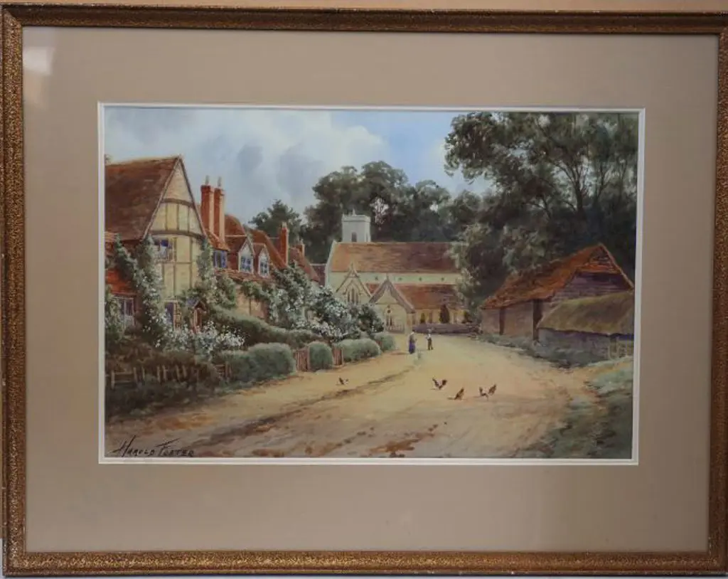 FOSTER, Harold (19th Cent.) - Country Scene with Cottages & Chickens Image 1++
