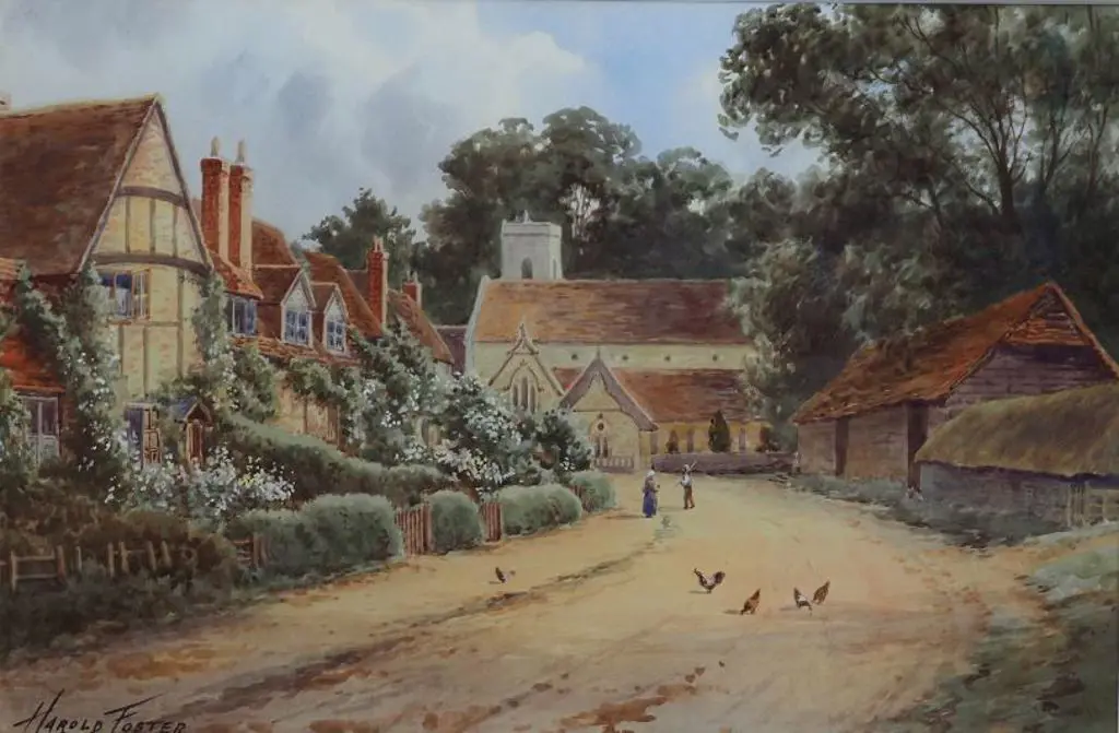 FOSTER, Harold (19th Cent.) - Country Scene with Cottages & Chickens Image 1++