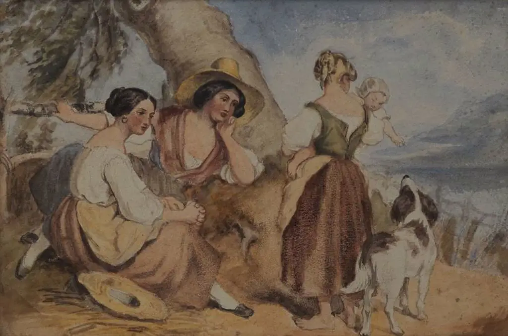 UNKNOWN artist - Three Ladies in Field with Dog Image 1++