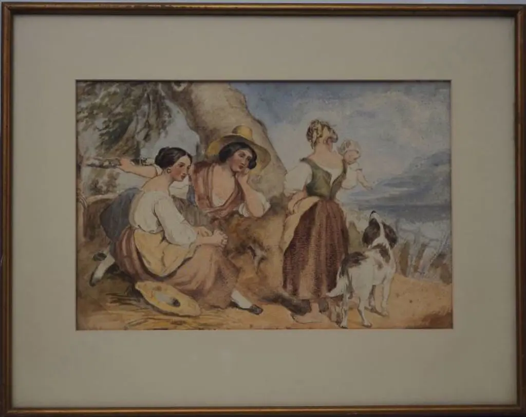 UNKNOWN artist - Three Ladies in Field with Dog Image 1++