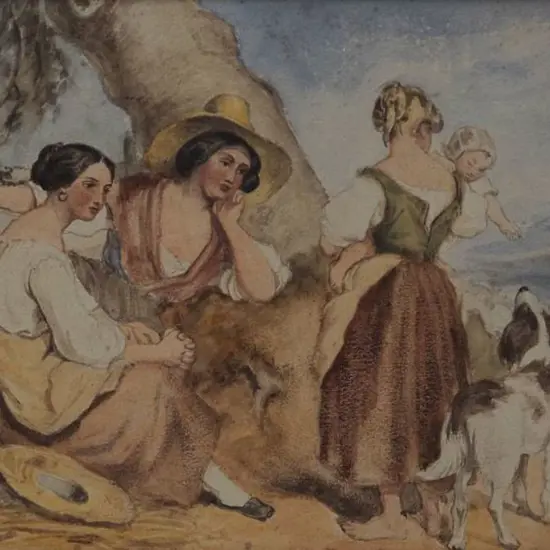 UNKNOWN artist - Three Ladies in Field with Dog