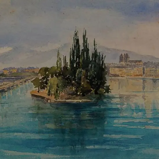 UNKNOWN Artist - Small Tree Studded Island in River with Bridge