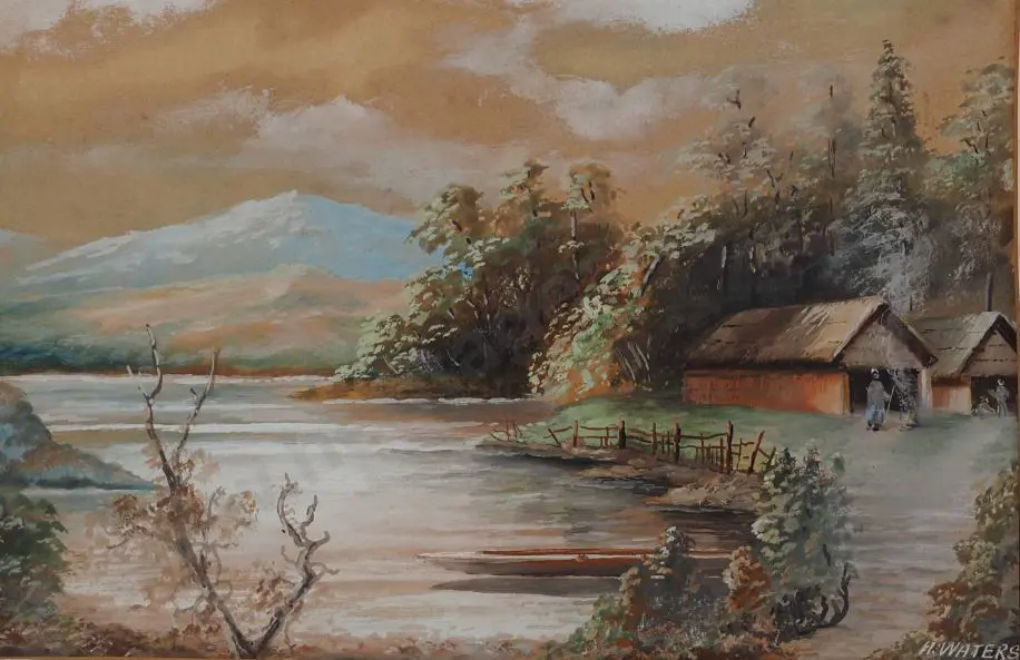WATERS, H. (19th Cent.) - Maori Whare Alongside Lake and Hills Image 1++