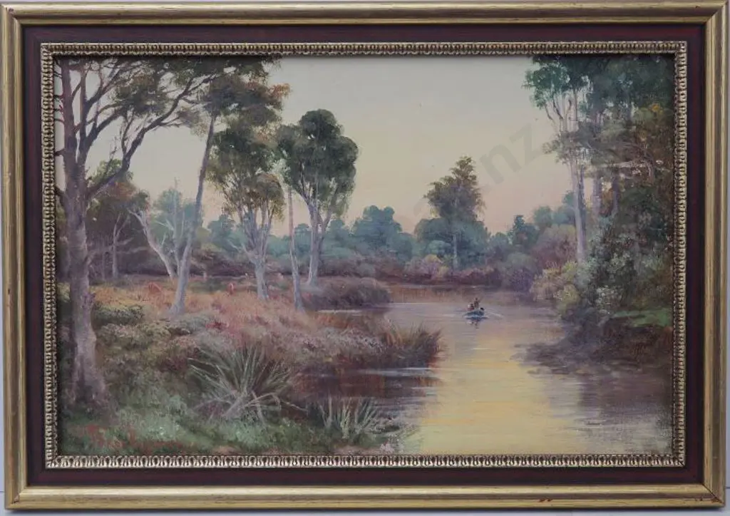 BROOKE SMITH, Frank (1860-1932) - Boaters in Stream and Forest Setting Image 1++