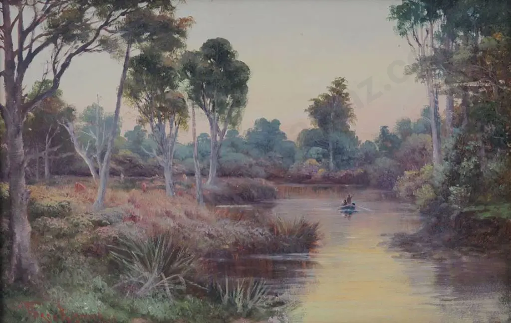 BROOKE SMITH, Frank (1860-1932) - Boaters in Stream and Forest Setting Image 1++