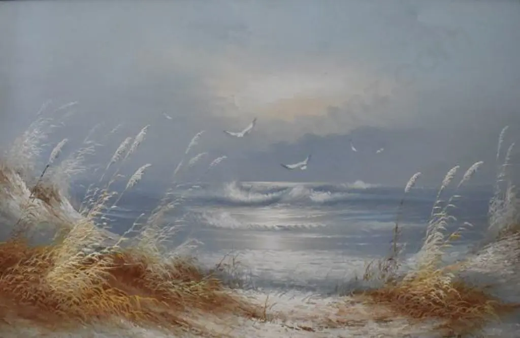 DUNWICK, H - Seascape with Toi Tois and Seagulls Image 1++