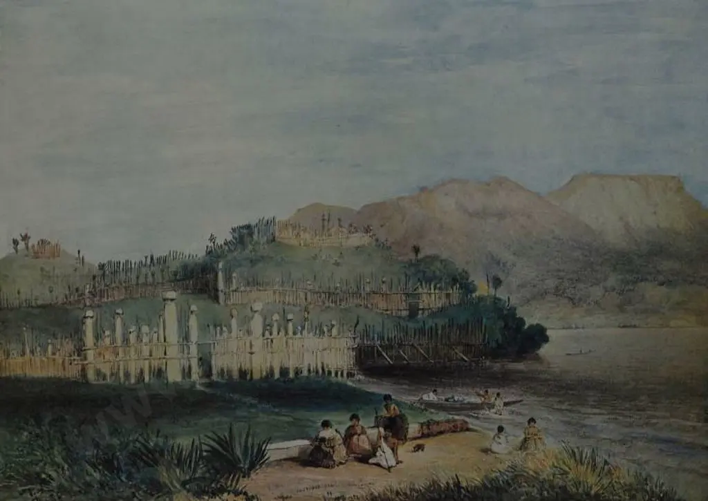 ANGAS, George French (1822-1886) - Motupoi Pa, Lake Rotoaira Image 1++