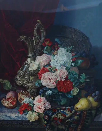 PEARS Print - Still Life - Roses and Fruit with Silver Jug Image 1++