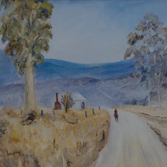 LEVEY - Outback Scene with Man on Horse and Cottage