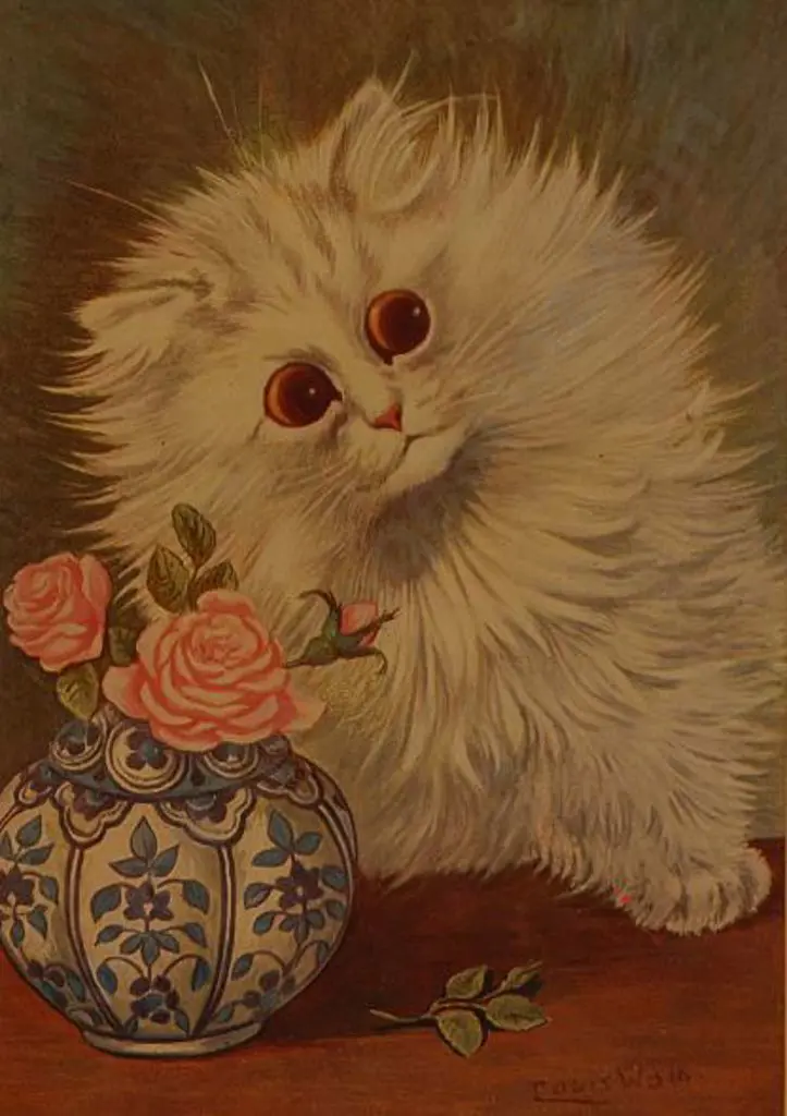WAIN, Louis (1860-1939) - Pussykins next to Vase of Flowers - Original Colour plate from Louis Wain's Annual - 1914 Image 1++
