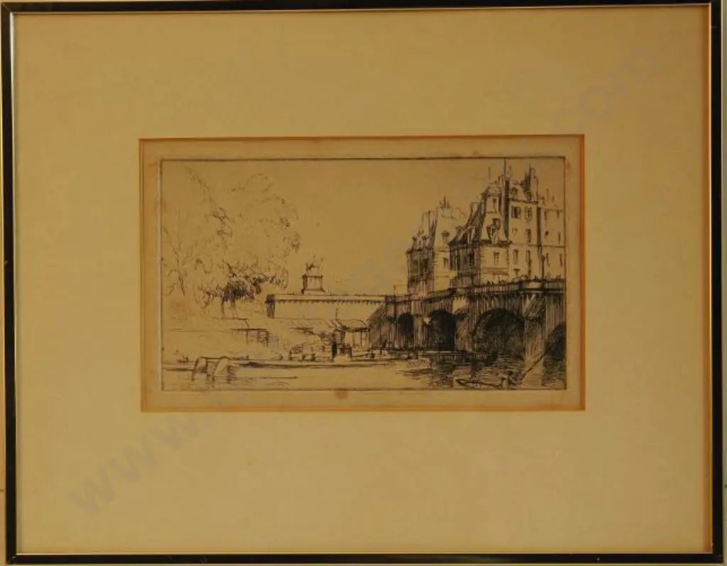 UNKNOWN Artist - Barge on River under Bridge Image 1++