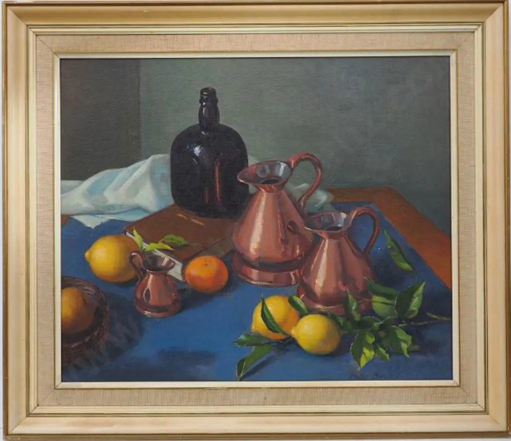 BROWN, Peter (1921-2005) - Still Life with Jugs, Bottle and Fruit Image 1++