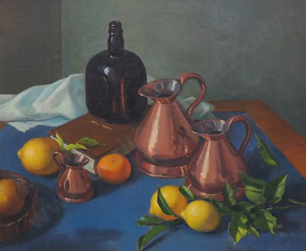 BROWN, Peter (1921-2005) - Still Life with Jugs, Bottle and Fruit Image 1++