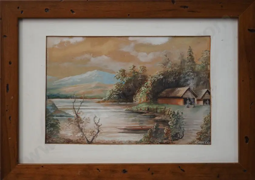 WATERS, H. (19th Cent.) - Maori Whare Alongside Lake and Hills Image 1++