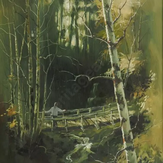 BAXTER, Brian (1940-) - Man on Bridge overlooking Stream