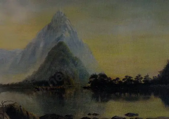 WILSON, Laurence W. (1850-1912) - Mitre Peak with Maori Waka Image 1++