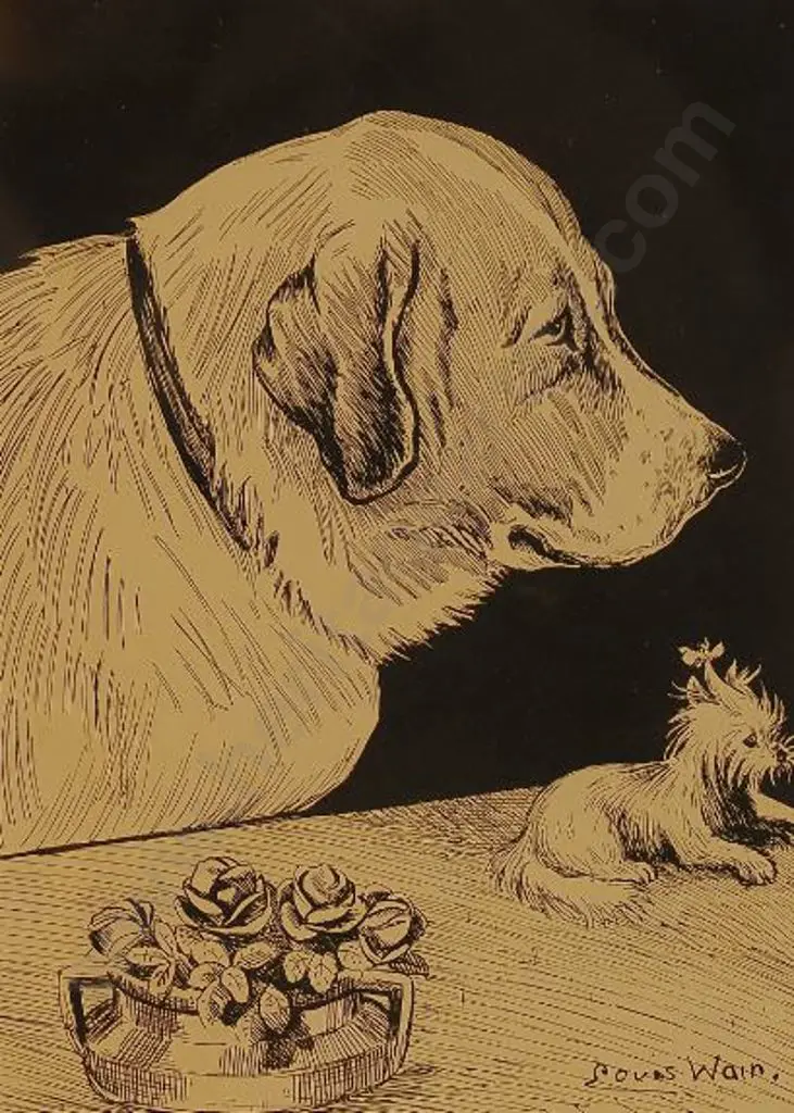 WAIN, Louis (1860-1939) - David & Goliath - Original Black & White plate from Louis Wain's Annual - 1914 Image 1++